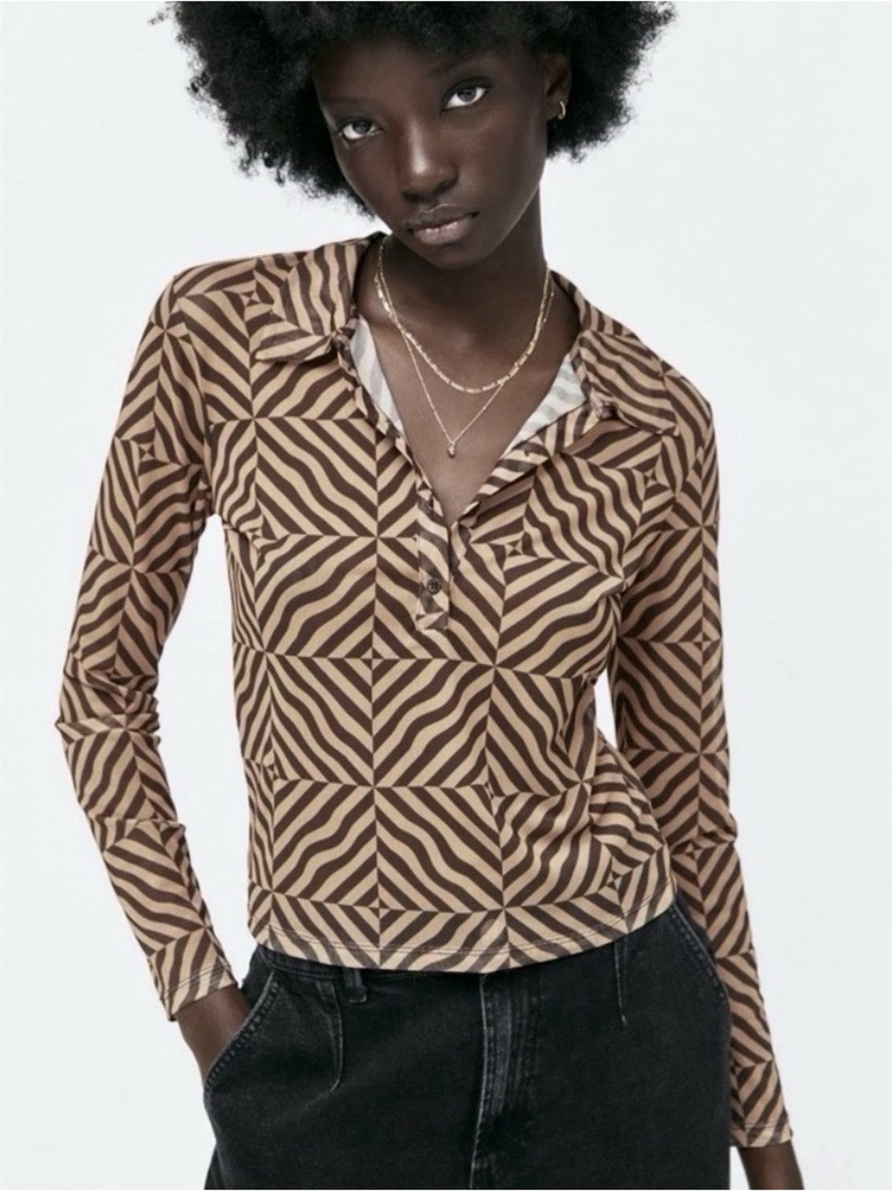 Zara Brown Geometric Button-Down Long Sleeve Top